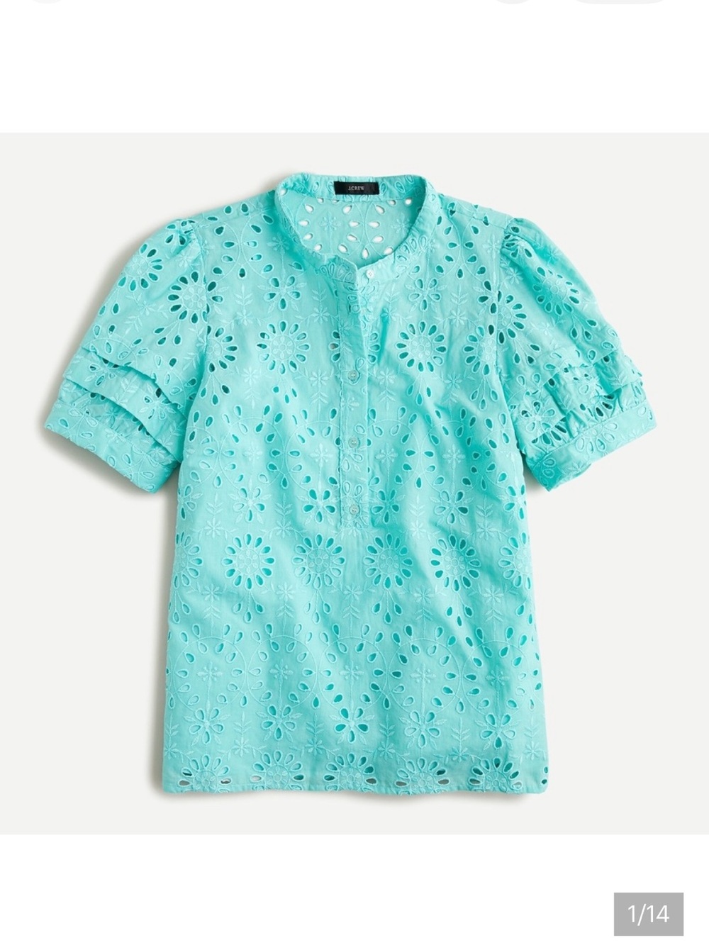 J. Crew Teal Eyelet Top with Puff Sleeves